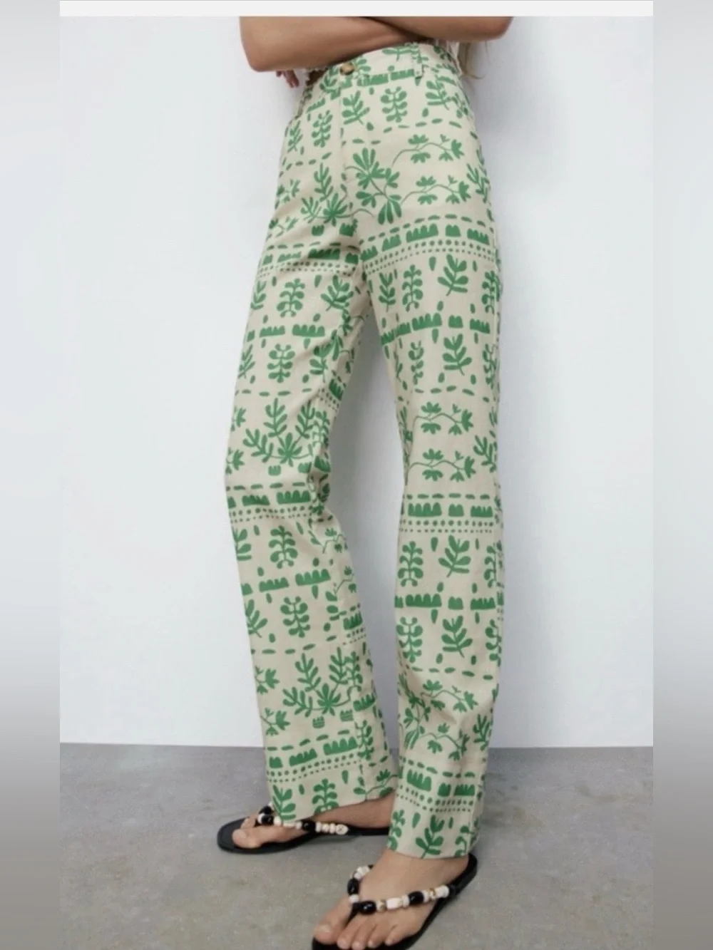 Zara Folk Inspired Linen Blend Trousers – Green Botanical Print, Sand